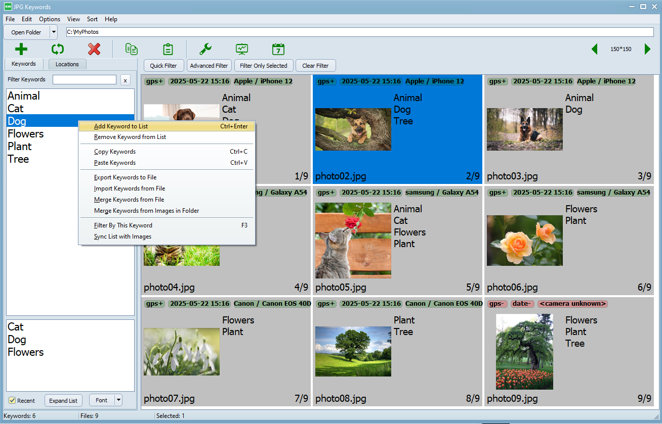 Main JpgKeywords window with keyword list context menu