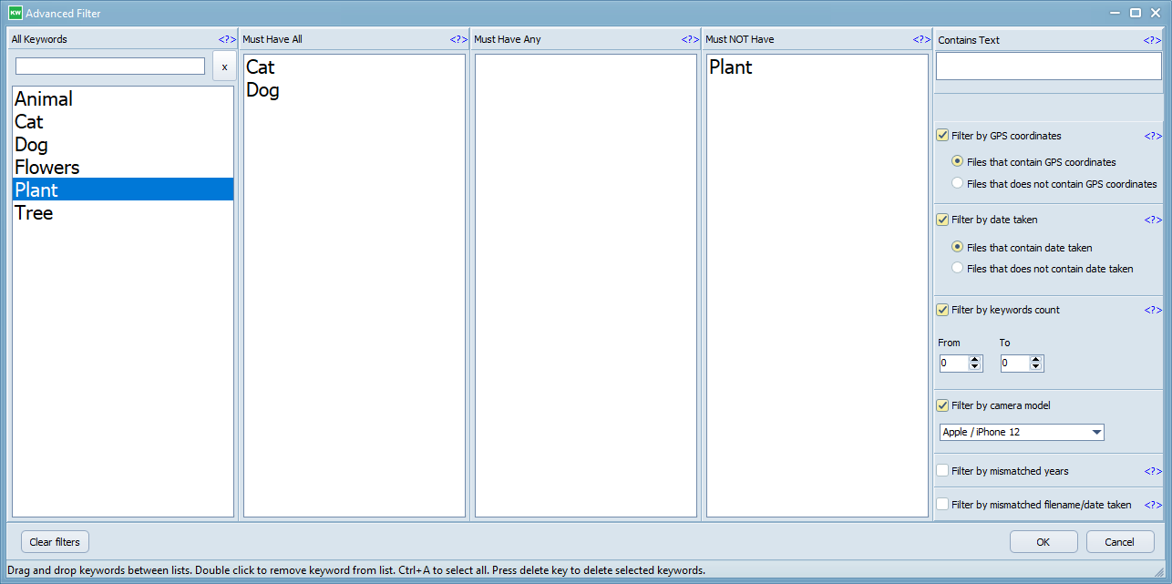 JpgKeyword Advancd Filter dialog