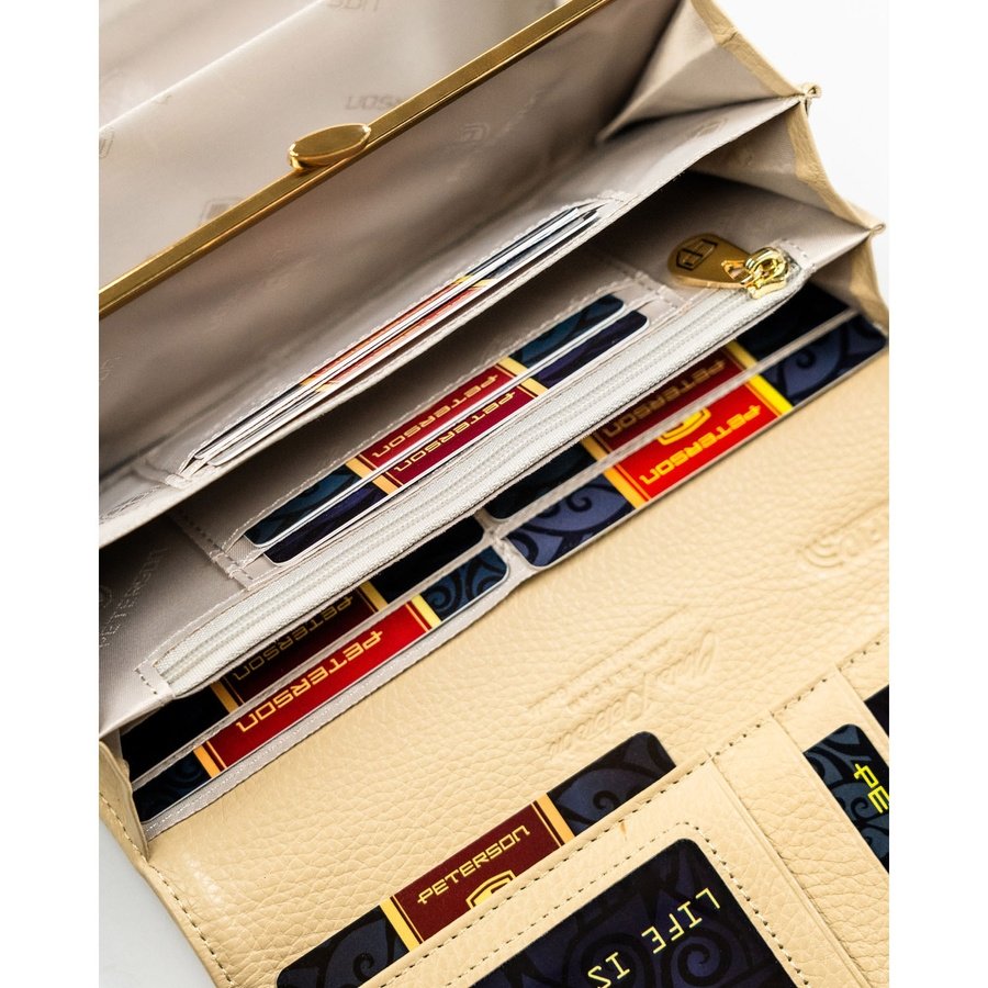 Бежов дамски портфейл, изработен от естествена и еко кожа с копче тип „тик-так“ и плетен модел - Peterson