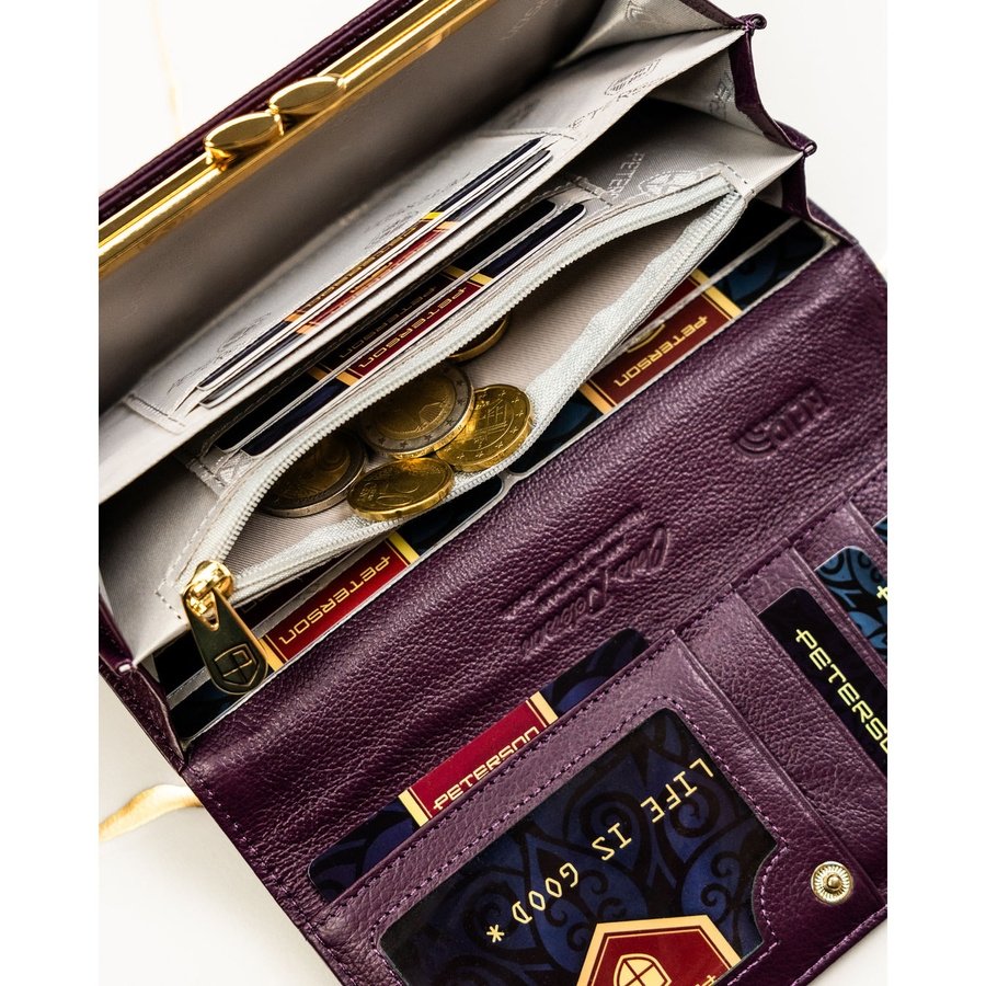 Дамски портфейл, изработен от естествена и еко кожа в лилав цвят със закопчаване с тик-так копче - Peterson