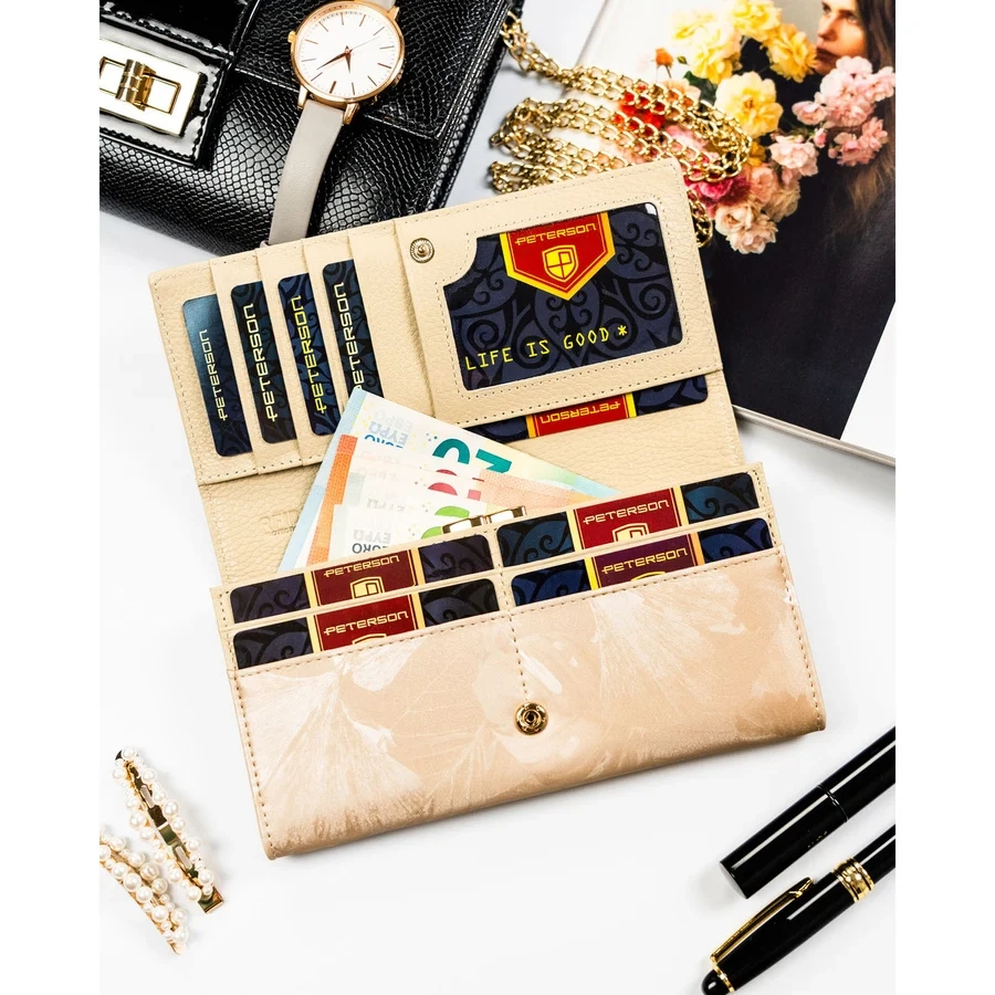 Бежов дамски портфейл, изработен от естествена и еко кожа с копче тип „тик-так“ - Peterson