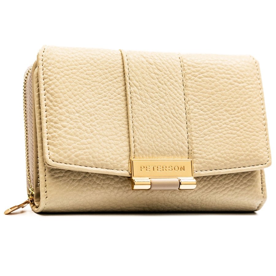 Бежов дамски портфейл, изработен от еко кожа с текстура на грахово зърно, със закопчаване с тик-так - Peterson