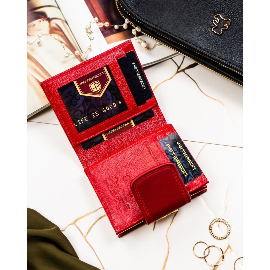 Червен дамски портфейл, изработен от естествена и еко кожа с RFID система - Peterson
