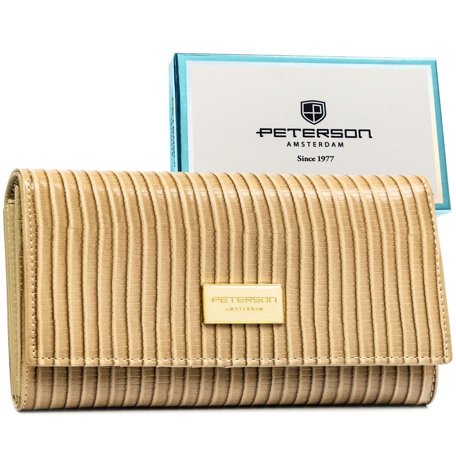 Бежов дамски портфейл, изработен от естествена и еко кожа с копче тип „тик-так“ и плетен модел - Peterson