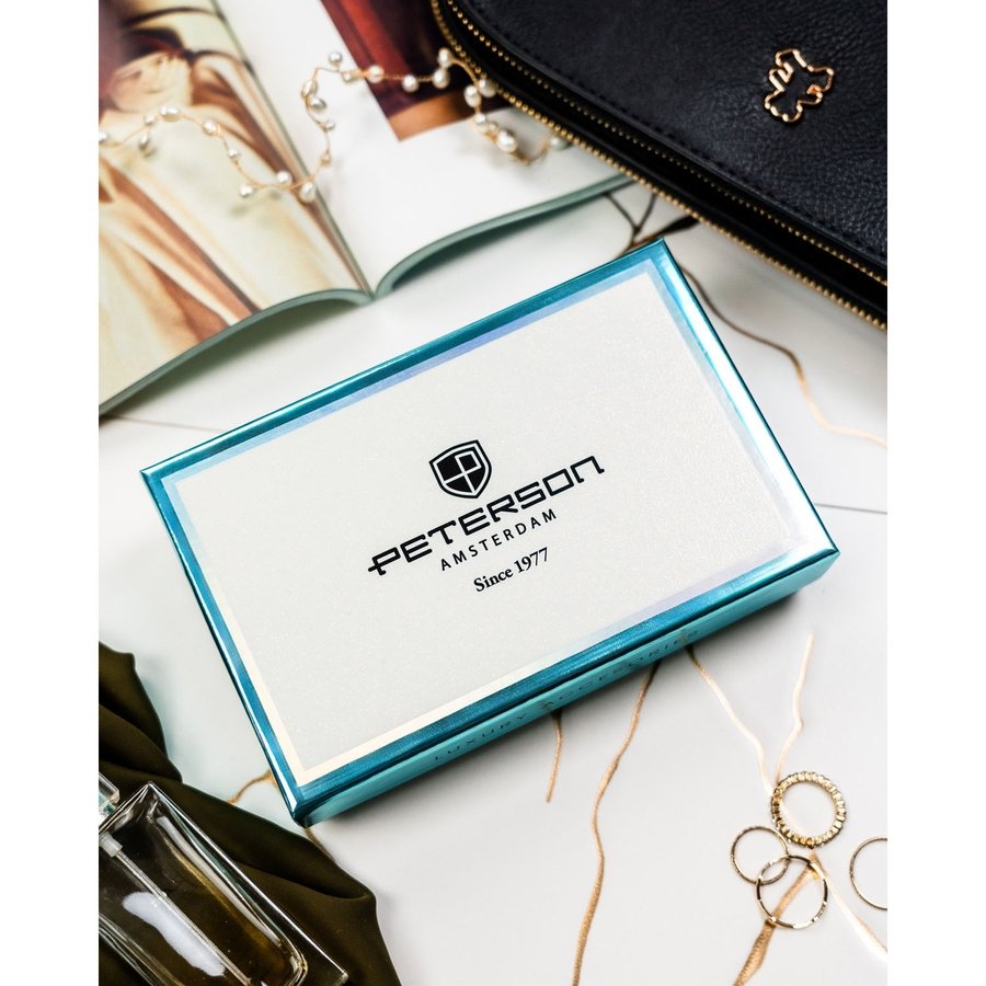 Кафяво дамско портмоне от естествена и еко кожа, със закопчаване с тик-так копче и катарама - Peterson