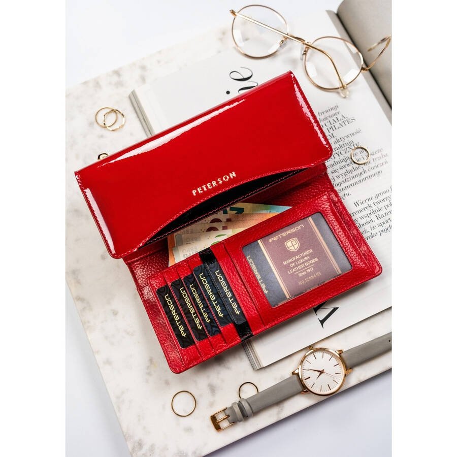 Лачена кожа, голям дамски портфейл в червено с RFID система - Peterson