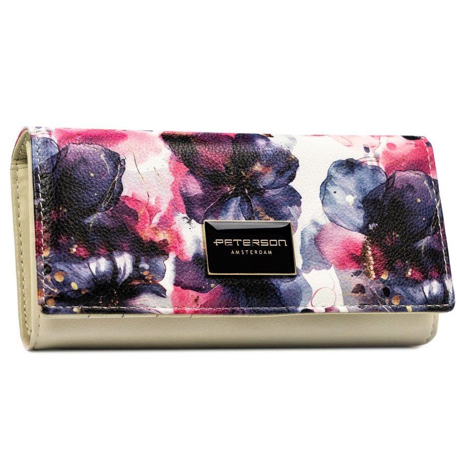 Дамски портфейл с флорален мотив, изработен от естествена и еко кожа, със закопчаване с тик-так копче - Peterson