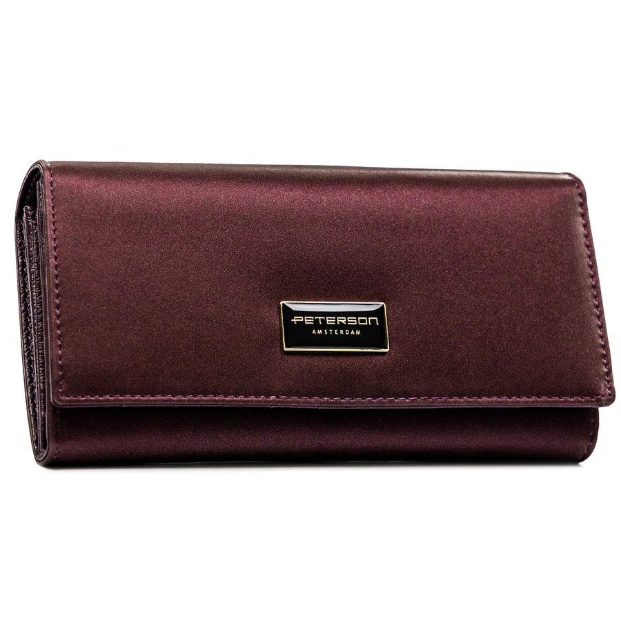 Дамски портфейл, изработен от естествена и еко кожа в лилав цвят със закопчаване с тик-так копче - Peterson