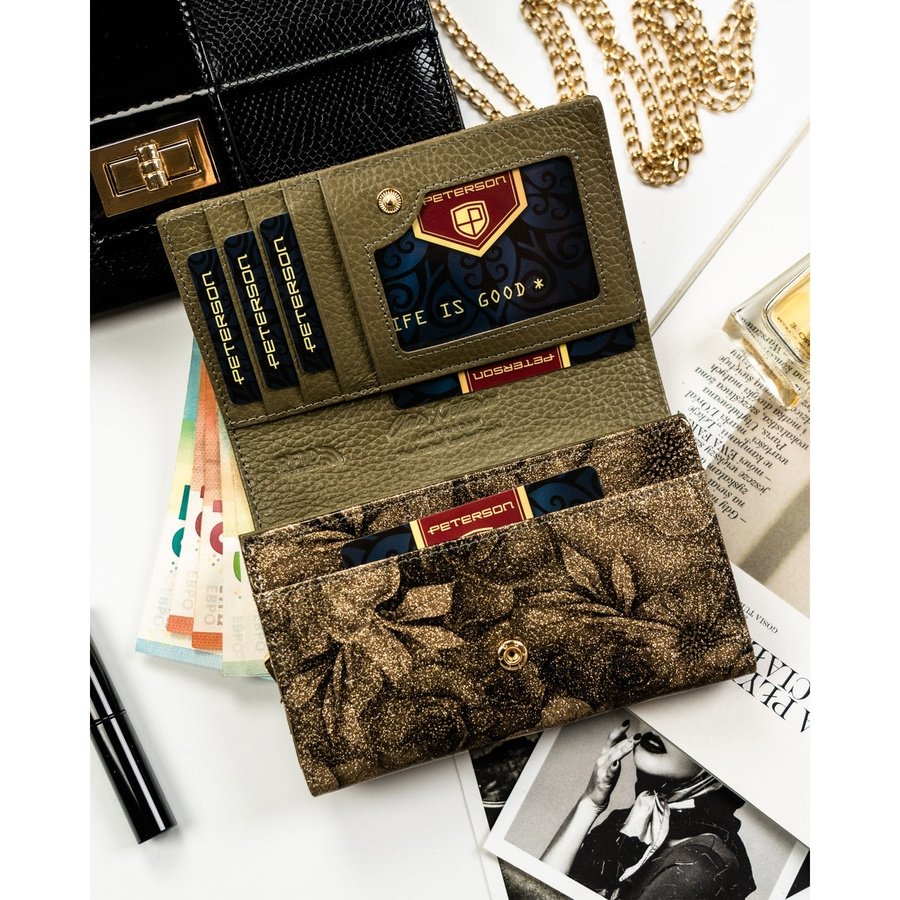 Златен дамски портфейл, изработен от естествена и еко кожа - Peterson