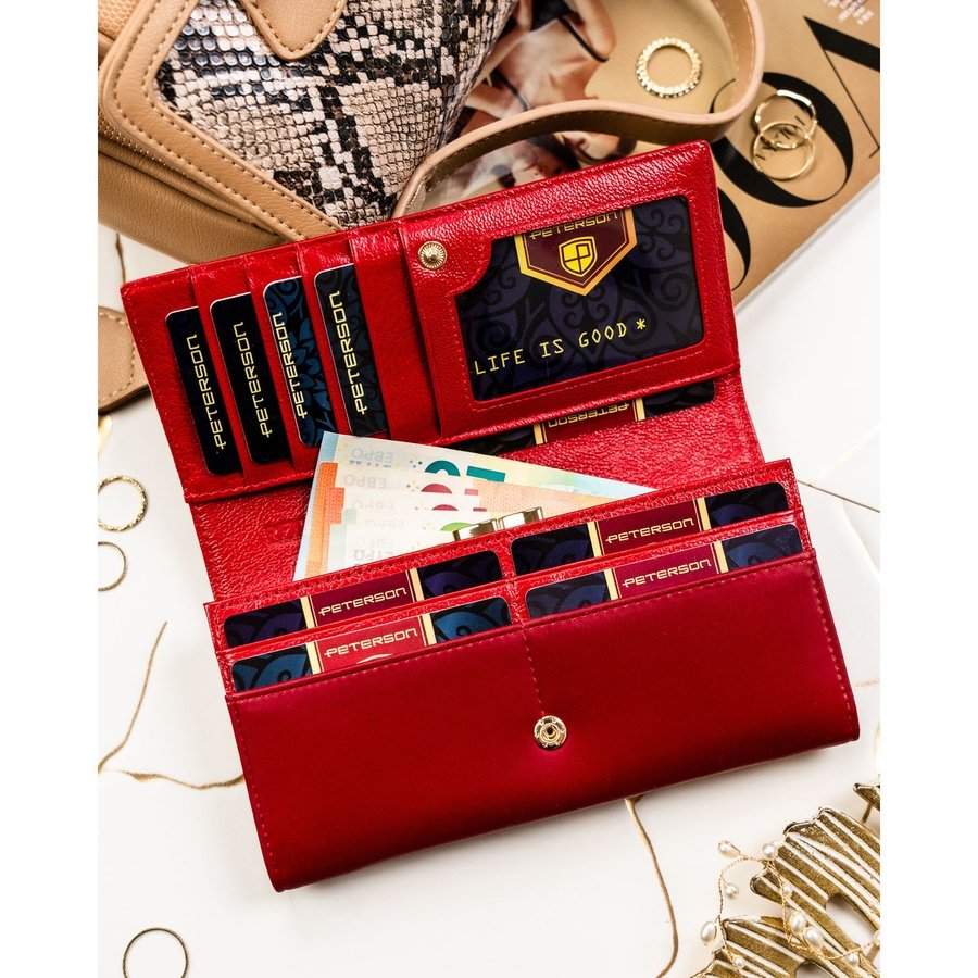 Червен дамски портфейл, изработен от естествена и еко кожа с копче тип „тик-так“ - Peterson