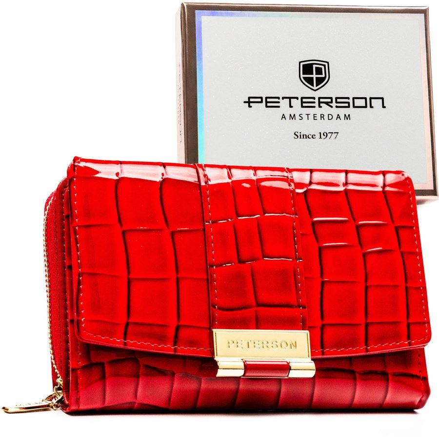Дамски портфейл, изработен от червена еко кожа с релефен крокодилски мотив - Peterson