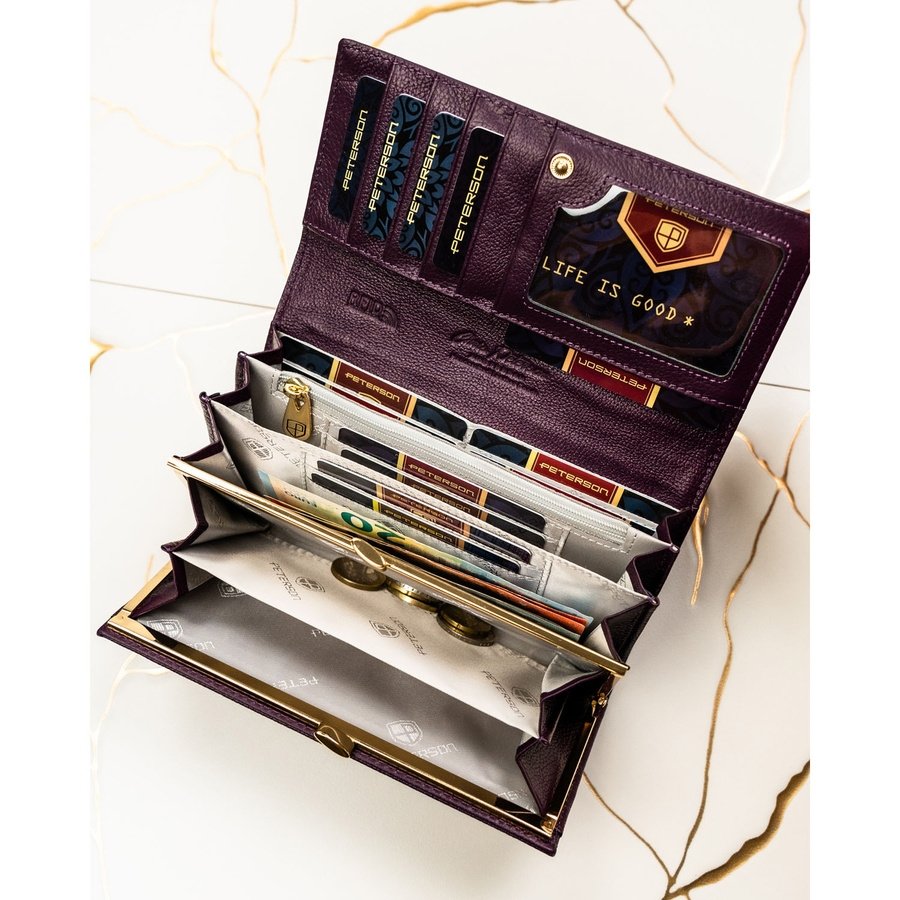 Дамски портфейл, изработен от естествена и еко кожа в лилав цвят със закопчаване с тик-так копче - Peterson