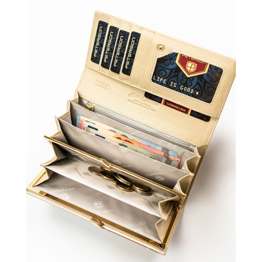 Бежов дамски портфейл, изработен от естествена и еко кожа с растителен мотив - Peterson