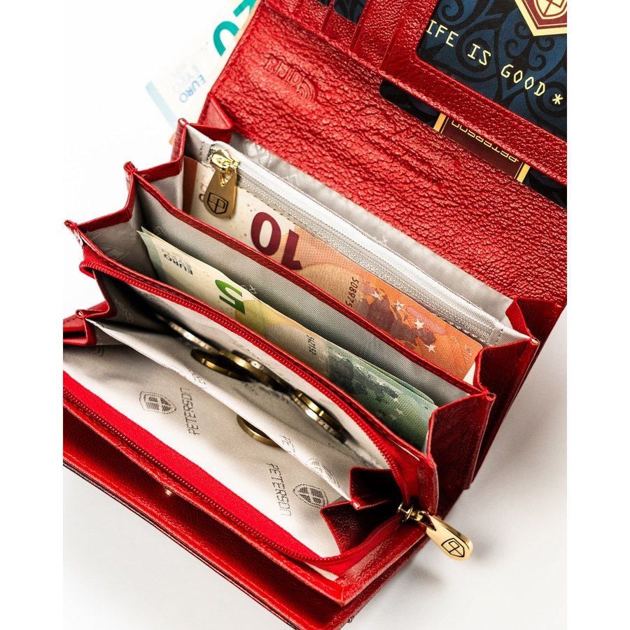 Лачена кожа, червен дамски портфейл с флорален мотив, изработен от естествена и еко кожа - Peterson