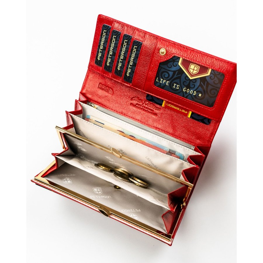 Голям, червен дамски портфейл, изработен от естествена и еко кожа с копче тип „тик-так“ - Peterson