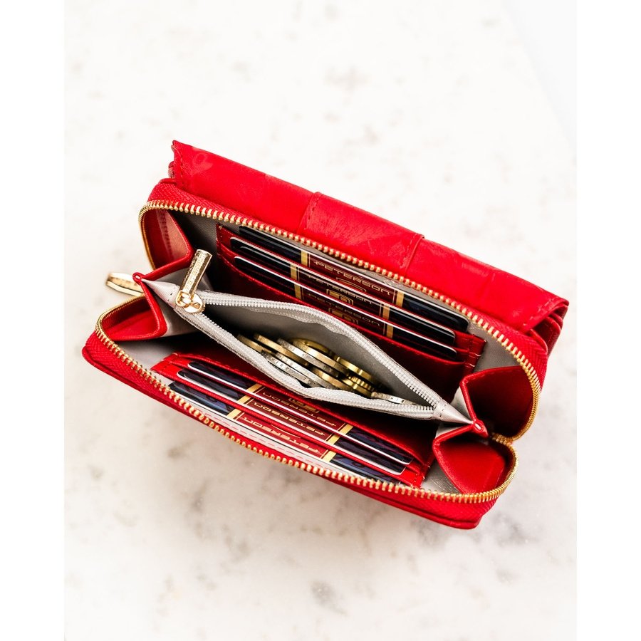 Портфейл от естествена и еко кожа в червен цвят и флорален мотив - Peterson