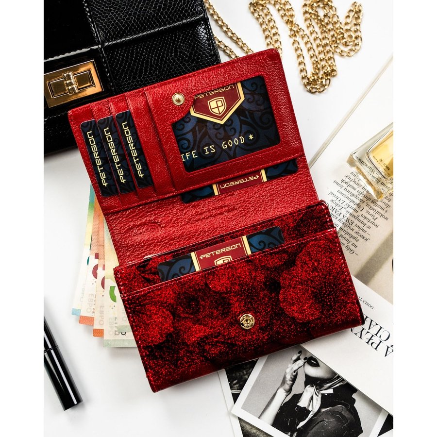 Лачена кожа, червен дамски портфейл с флорален мотив, изработен от естествена и еко кожа - Peterson