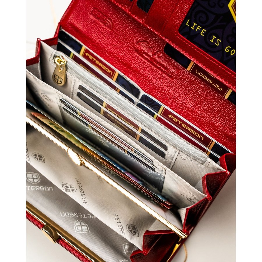 Червен дамски портфейл, изработен от естествена и еко кожа с копче тип „тик-так“ - Peterson