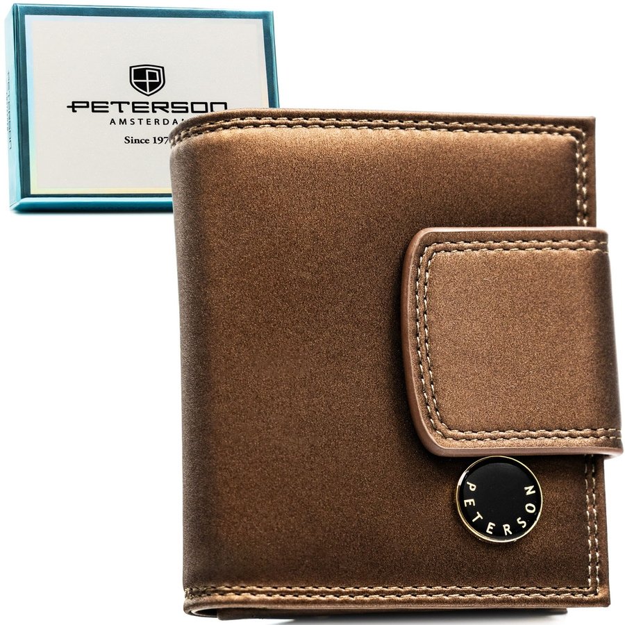 Кафяво дамско портмоне от естествена и еко кожа, със закопчаване с тик-так копче и катарама - Peterson
