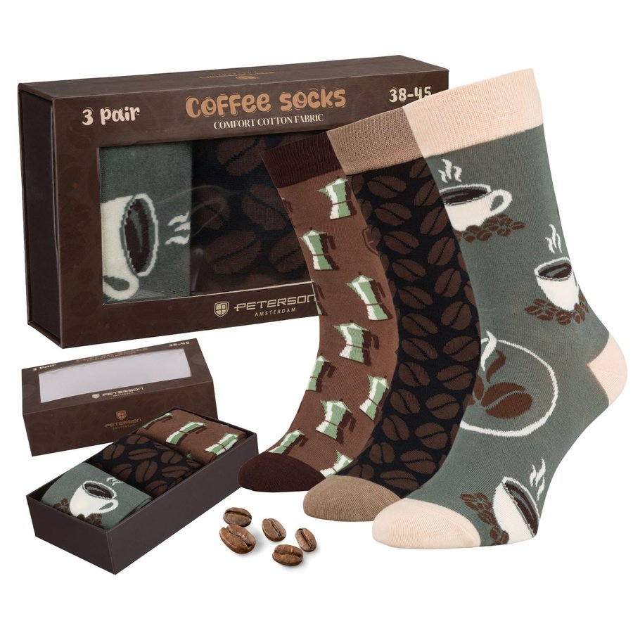 Комплект мъжки чорапи с различни шарки на кафена тематика, размери 38-44 - Peterson