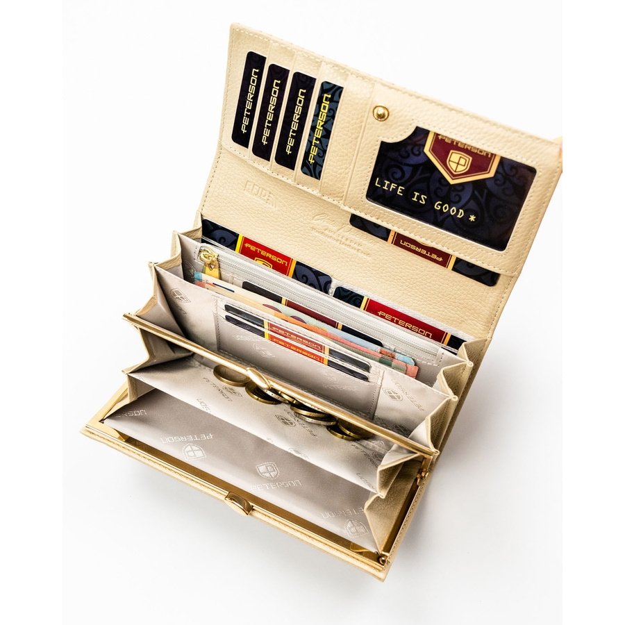 Бежов дамски портфейл, изработен от естествена и еко кожа с копче тип „тик-так“ и плетен модел - Peterson