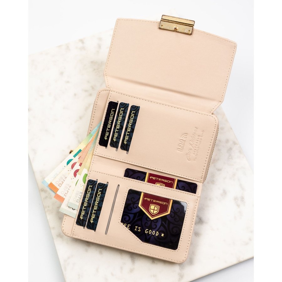 Бежов дамски портфейл от еко кожа с леко оребрена текстура - Peterson