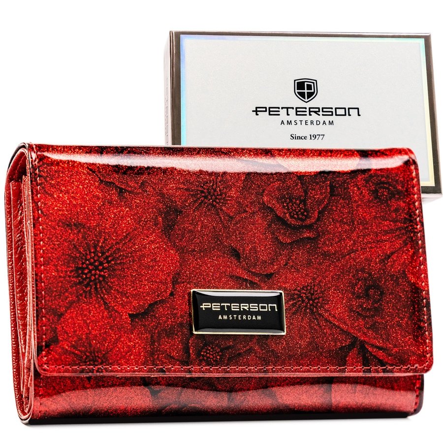 Лачена кожа, червен дамски портфейл с флорален мотив, изработен от естествена и еко кожа - Peterson