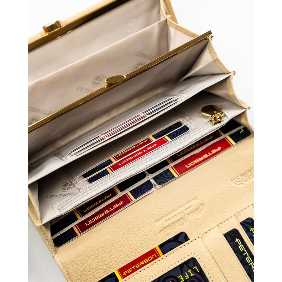 Бежов дамски портфейл, изработен от естествена и еко кожа с копче тип „тик-так“ - Peterson