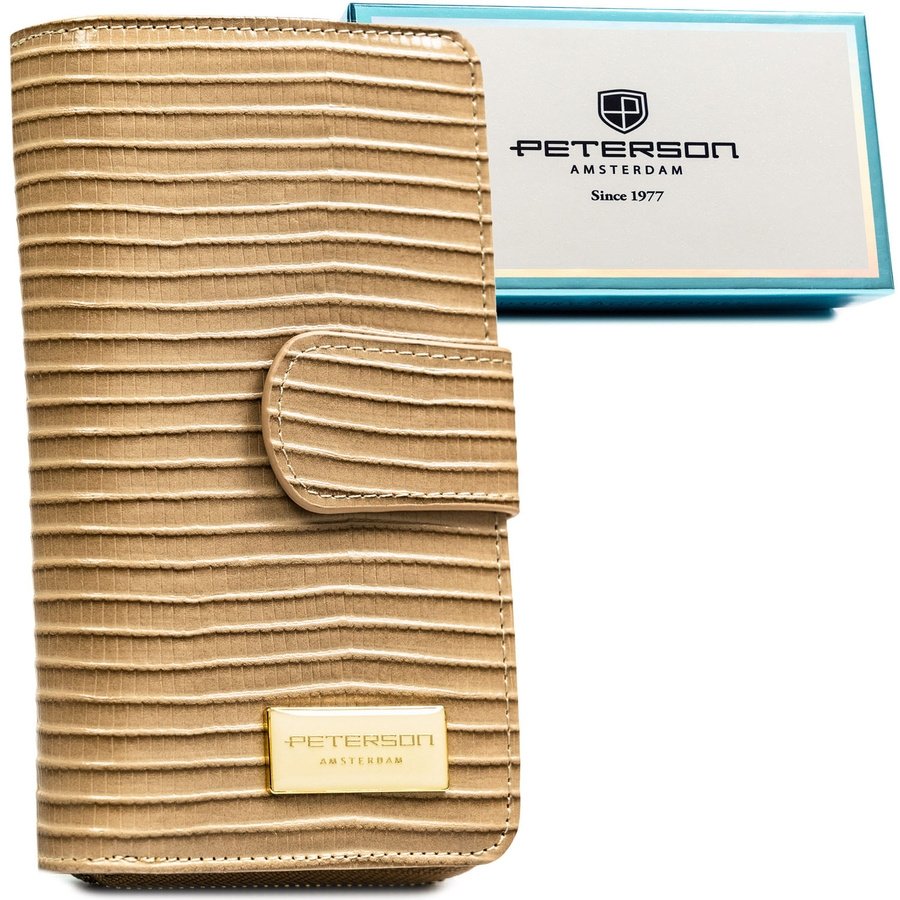 Бежов вертикален портфейл, изработен от естествена и еко кожа - Peterson