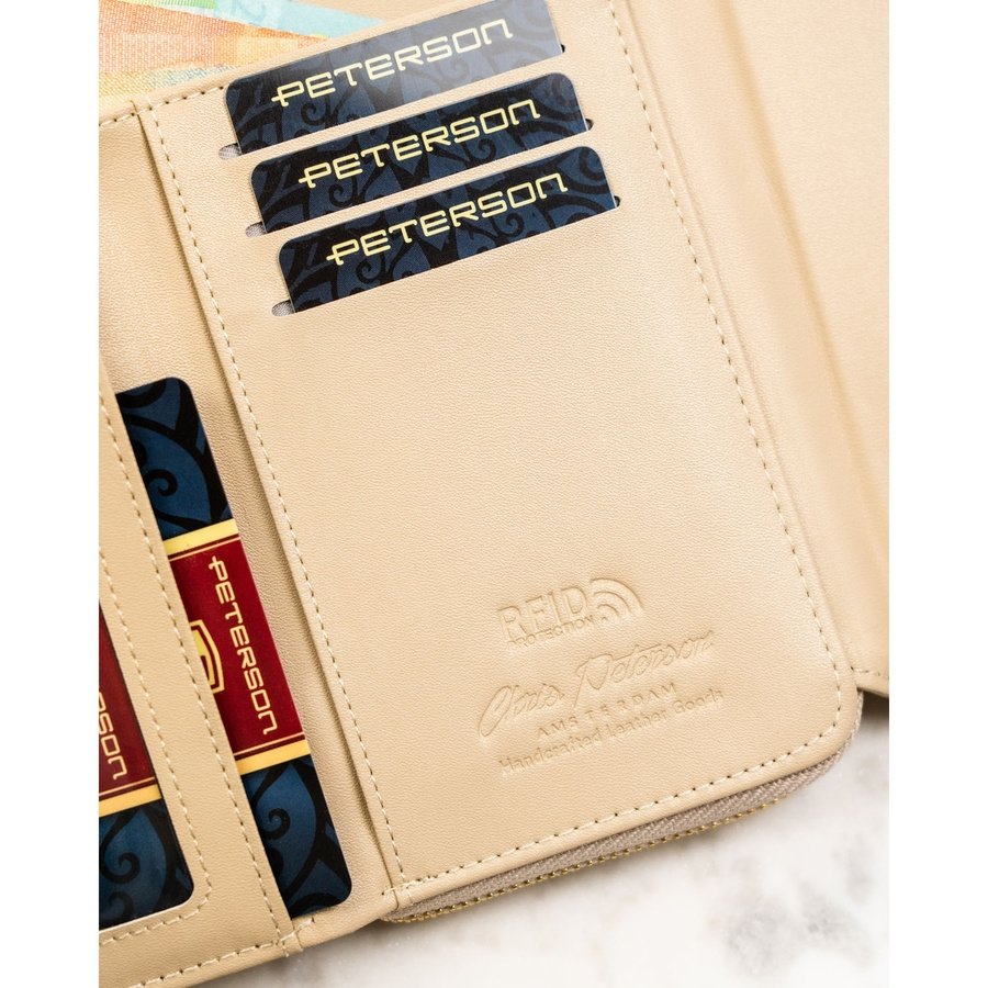 Бежов дамски портфейл, изработен от еко кожа с текстура на грахово зърно, със закопчаване с тик-так - Peterson