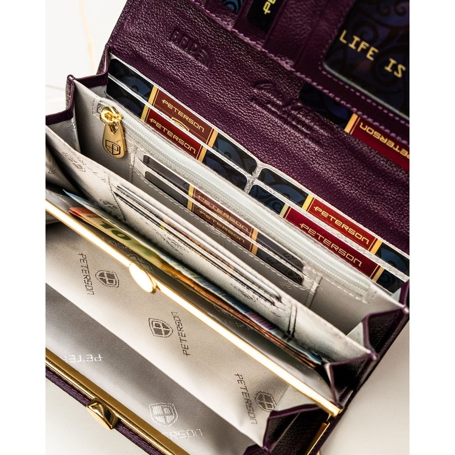 Дамски портфейл, изработен от естествена и еко кожа в лилав цвят със закопчаване с тик-так копче - Peterson