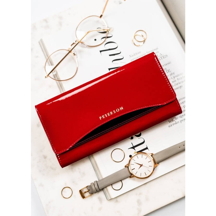 Лачена кожа, голям дамски портфейл в червено с RFID система - Peterson