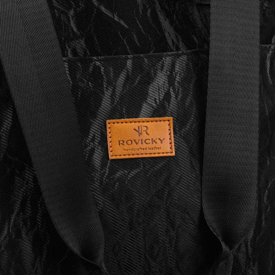 Голяма черна дамска чанта от полиестер с мраморен мотив, със закопчаване с цип - Rovicky