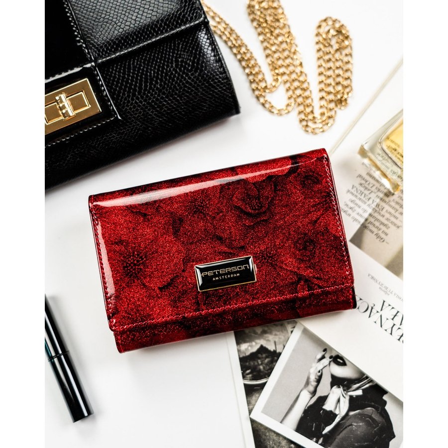Лачена кожа, червен дамски портфейл с флорален мотив, изработен от естествена и еко кожа - Peterson