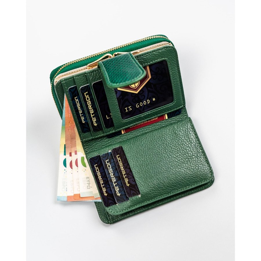 Елегантен, зелен дамски портфейл от естествена кожа със система RFID - Peterson