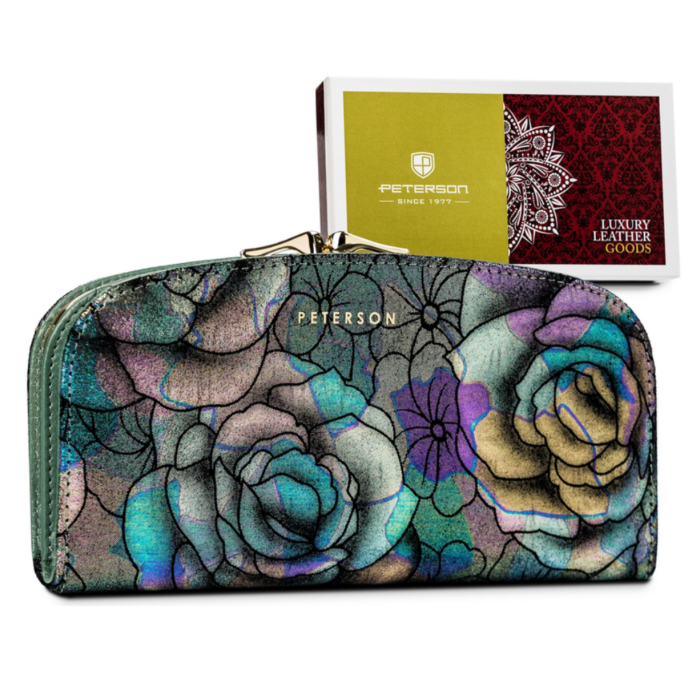 Голям, просторен портфейл от естествена кожа с флорален мотив - Peterson