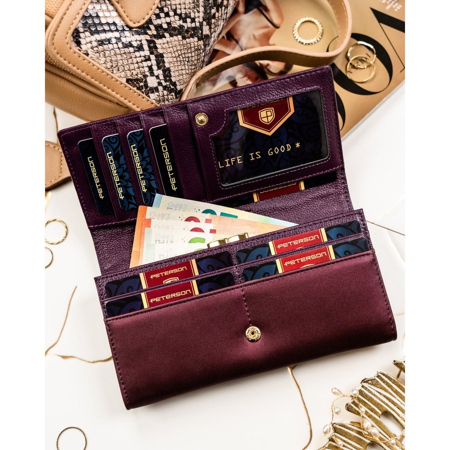 Дамски портфейл, изработен от естествена и еко кожа в лилав цвят със закопчаване с тик-так копче - Peterson