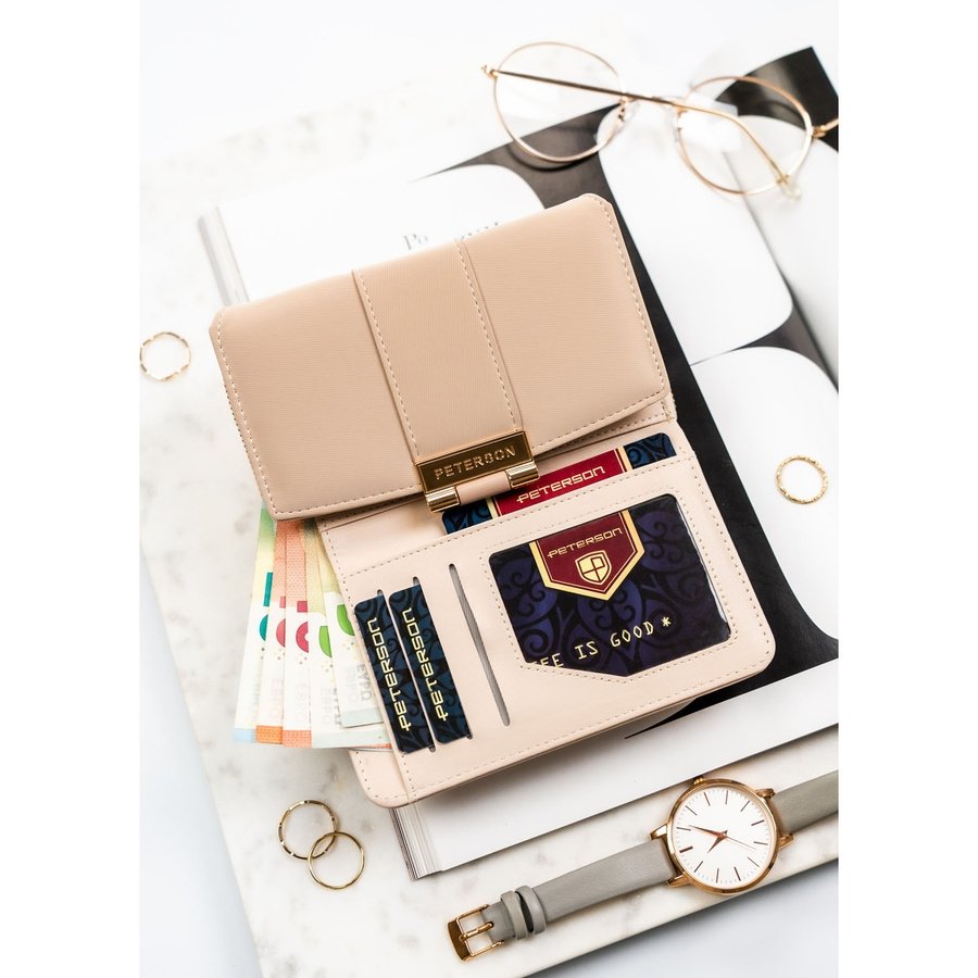  Бежов дамски портфейл от еко кожа с леко оребрена текстура - Peterson