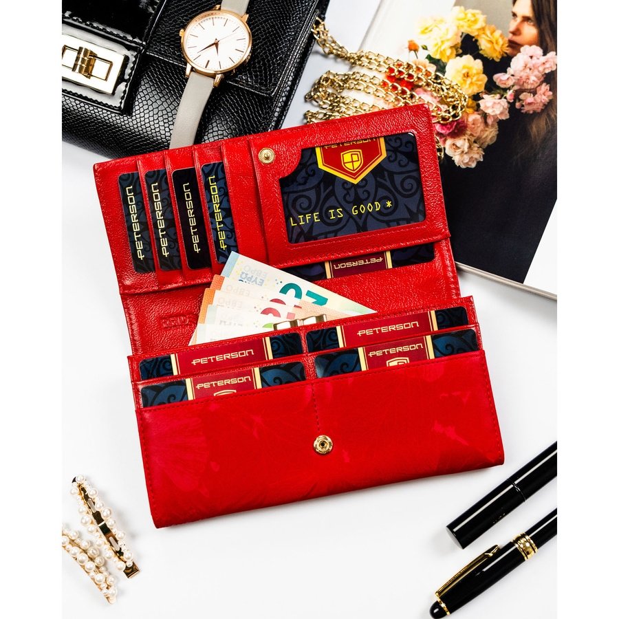Червен дамски портфейл, изработен от естествена и еко кожа с копче тип „тик-так“ - Peterson
