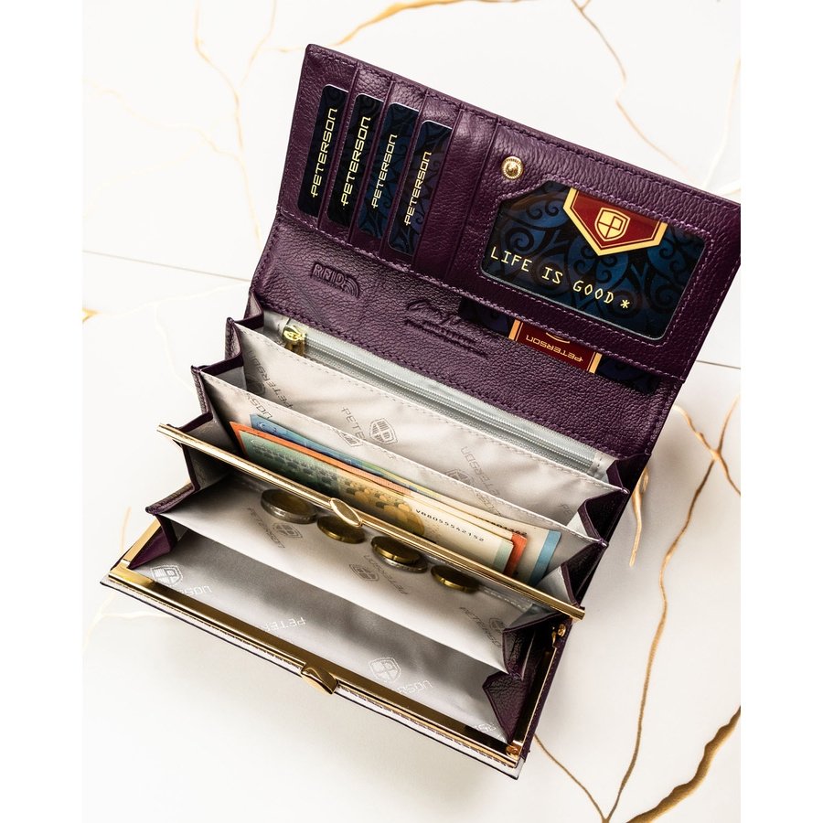 Дамски портфейл, изработен от естествена и еко кожа в лилав цвят със закопчаване с тик-так копче - Peterson