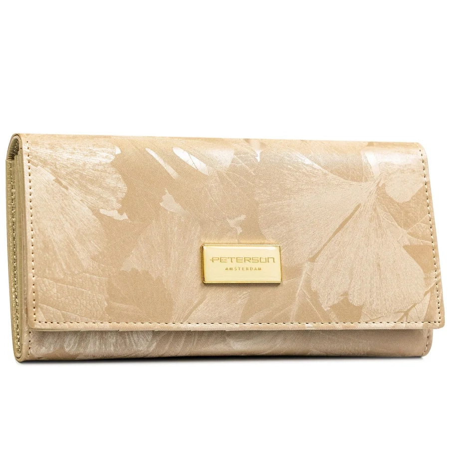Бежов дамски портфейл, изработен от естествена и еко кожа с копче тип „тик-так“ - Peterson