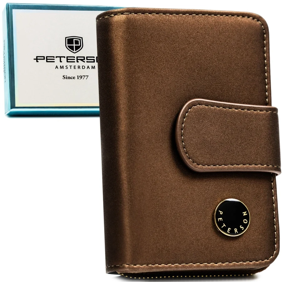 Дамски портфейл, изработен от естествена и еко кожа в кафяво, снабден с RFID система - Peterson