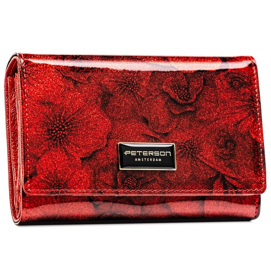 Лачена кожа, червен дамски портфейл с флорален мотив, изработен от естествена и еко кожа - Peterson