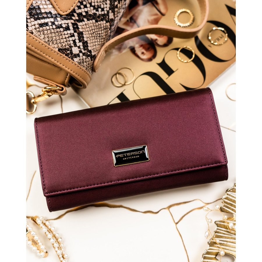 Дамски портфейл, изработен от естествена и еко кожа в лилав цвят със закопчаване с тик-так копче - Peterson