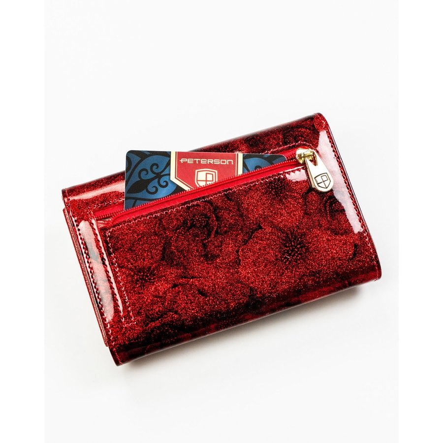 Лачена кожа, червен дамски портфейл с флорален мотив, изработен от естествена и еко кожа - Peterson