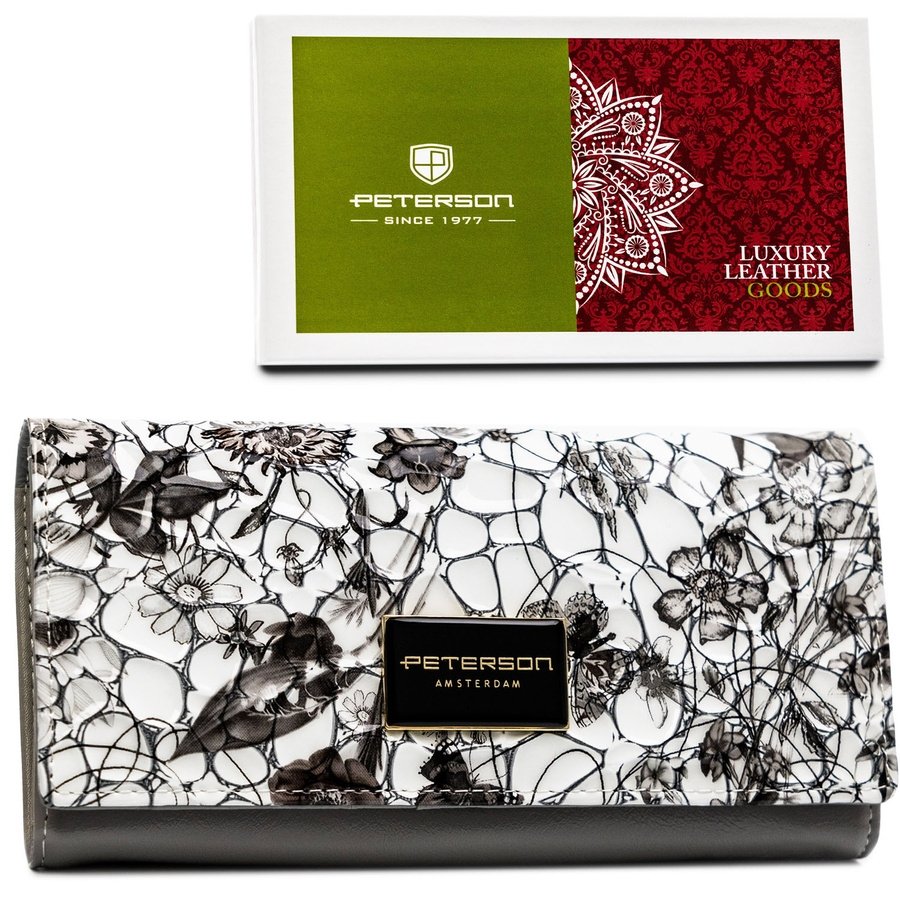 Голям, хоризонтален дамски портфейл от естествена кожа с флорален мотив - Peterson