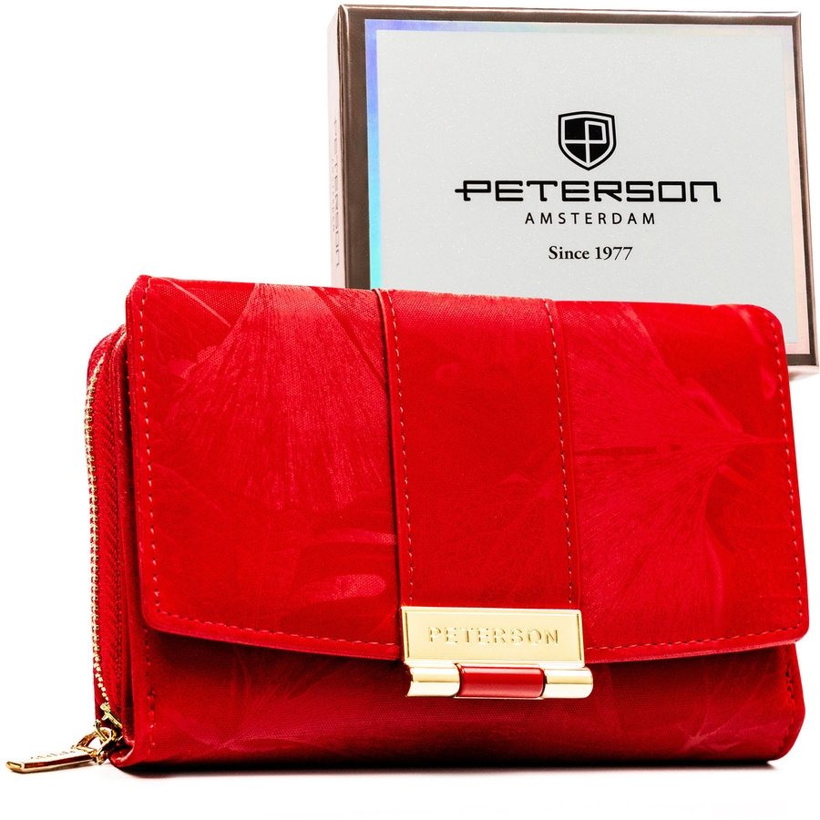 Портфейл от естествена и еко кожа в червен цвят и флорален мотив - Peterson