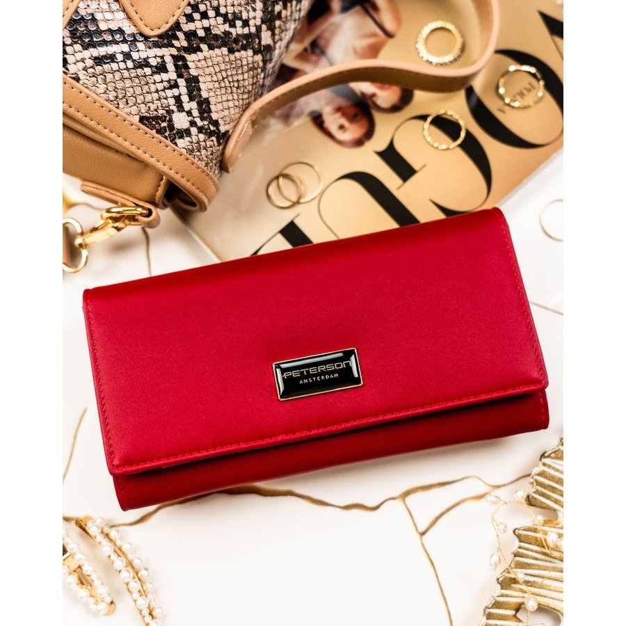 Червен дамски портфейл, изработен от естествена и еко кожа с копче тип „тик-так“ - Peterson