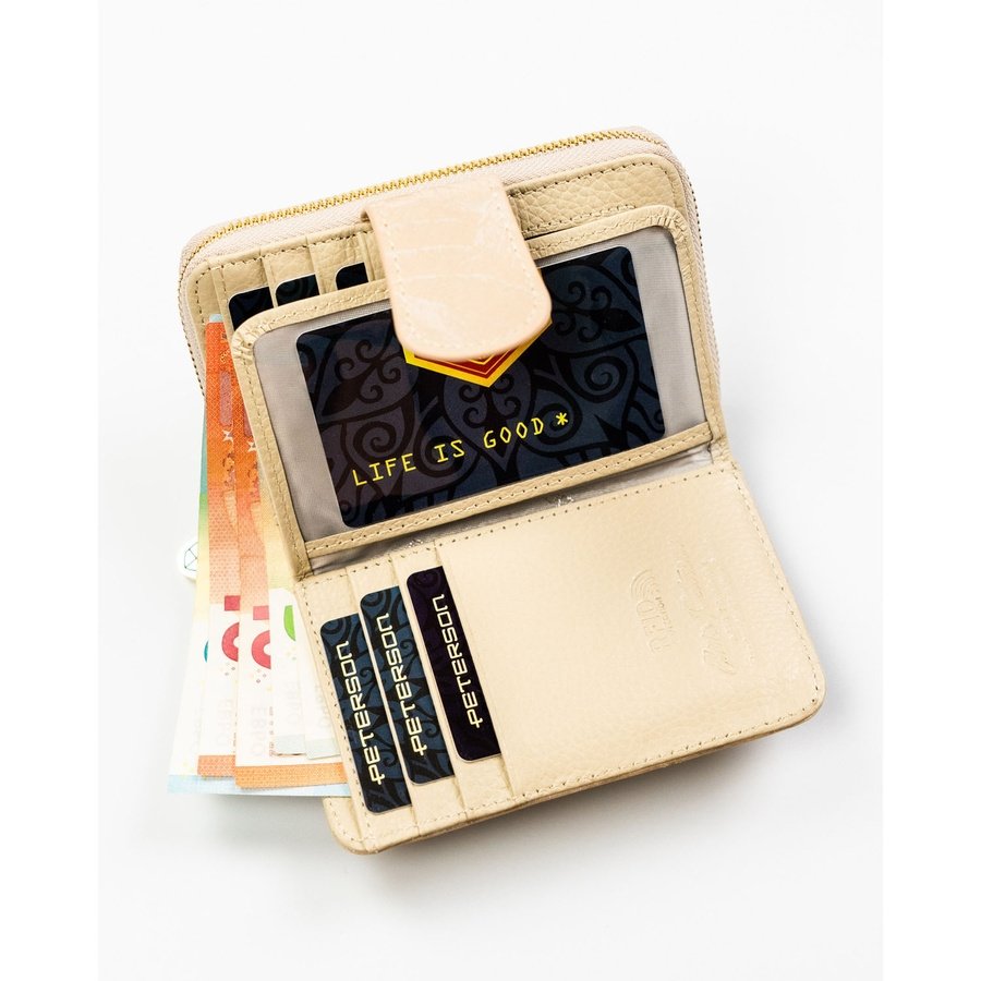 Портфейл от естествена и еко кожа в бежов цвят, закопчава се с цип и тик-так - Peterson