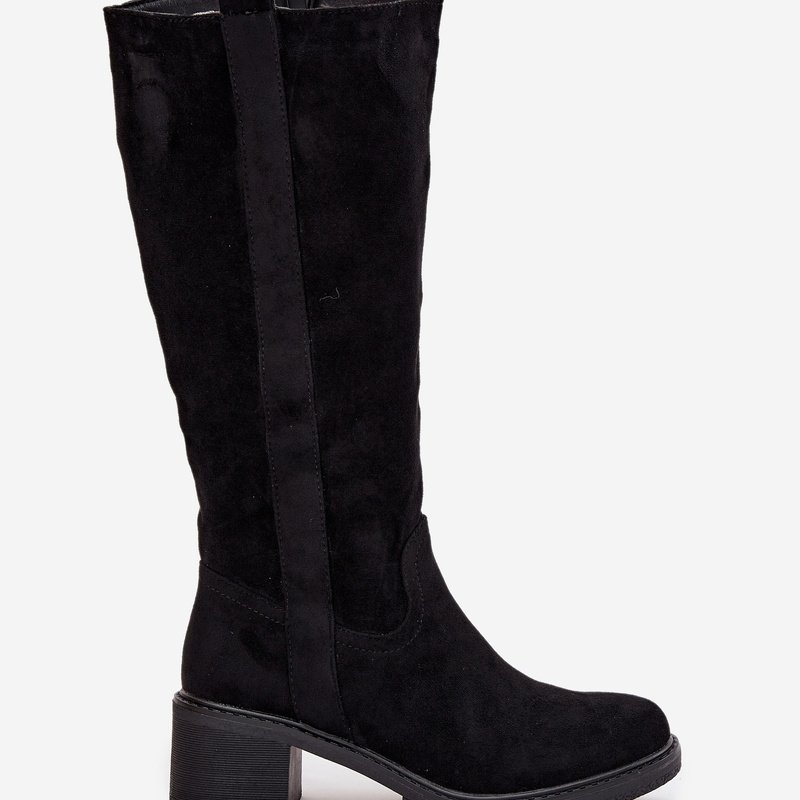 Дамски черни ботуши от еко велур